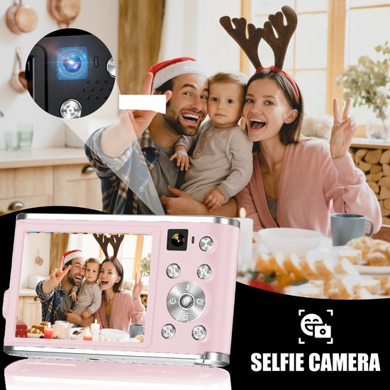 K&L Digital Camera 4K - Caméra fixe - Caméra photo - Caméra compacte - Caméra Vlog - Pour les enfants - Comprend 64 Go - NL Software - Rose