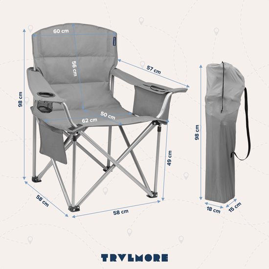 Chaise de camping XL TRVLMORE, Pliable, Compartiment réfrigérant et Porte-boisson, Gris