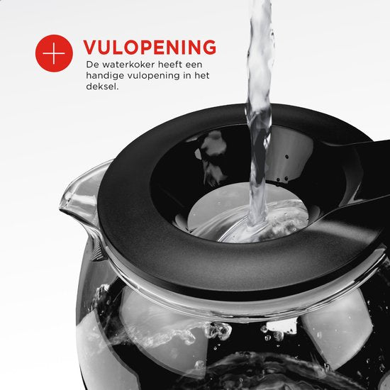 Bouilloire en verre Bourgini - Noir mat - Utilisation sans fil - Remplissage facile par le couvercle - Grande capacité de 1,5 L - Sans BPA