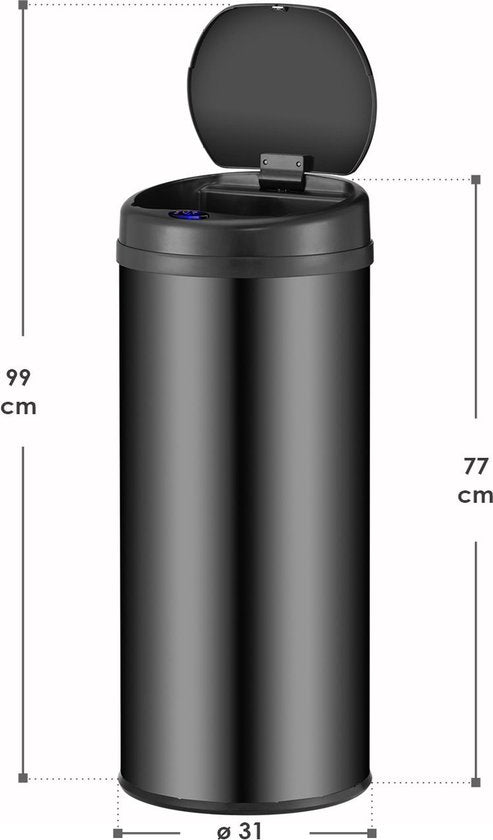 Poubelle automatique / Poubelle à déchets / Poubelle à détecteur - 50 litres - Noir - Rond