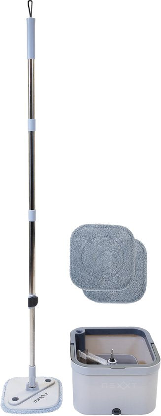 Nexxt Mop avec seau et système d'essorage rotatif - 2 mops en microfibres - manche réglable - compartiments d'eau séparés - avec distributeur de savon