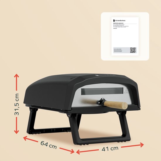 KitchenBrothers Four à Pizza - Electrique - Modèle de table - Sans PFAS - Pliable - Pierre à pizza - Pizzeria - Four à pizza pour l'extérieur et l'intérieur - Noir/Gris