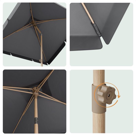 LifeGoods Parasol - Jardin - Parasol de balcon - 200x125cm - 30° inclinable - Imperméable - UPF50+ - Revêtement en bois - Gris foncé