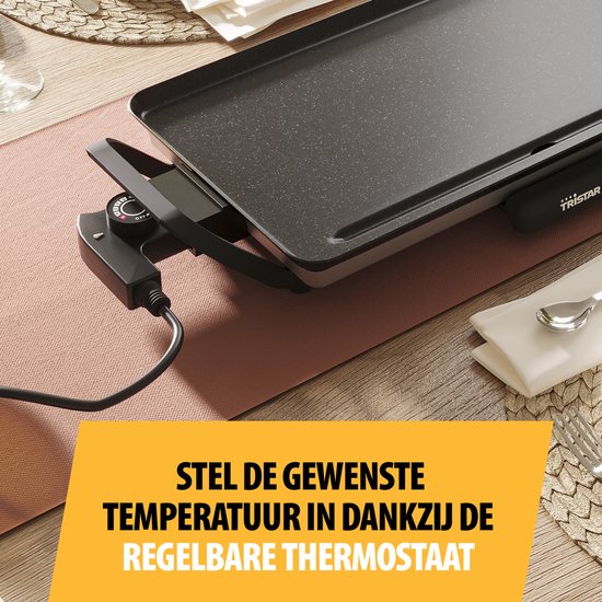 Tristar Plaque de gril BP-2667 - Gril de table M : 46 x 26 cm - Pour l'intérieur et l'extérieur - Sans BPA - Gril gourmet pour la table - 4 à 6 personnes - Avec thermostat réglable - Revêtement antiadhésif - Noir