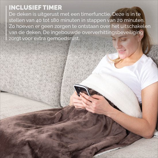 BREND BR-2219 Couverture électrique avec 9 réglages de température - Couverture en flanelle - Plaid chaud pour canapé et lit - 180 x 130 cm - Marron/Blanc