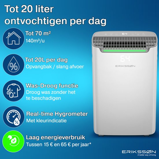 Déshumidificateur Dry Pro Plus d'Erikssøn - Déshumidifie jusqu'à 20 litres par jour - Fonction Lavage-Séchage - Convient pour la maison, la chambre, la salle de bain, le salon et le sous-sol - Déshumidificateur - Blanc