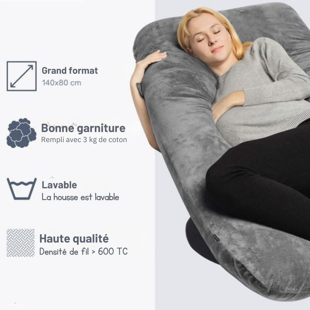 Oreiller de grossesse - Earkings - dormir sur le côté 140x80cm en U avec housse amovible - gris foncé