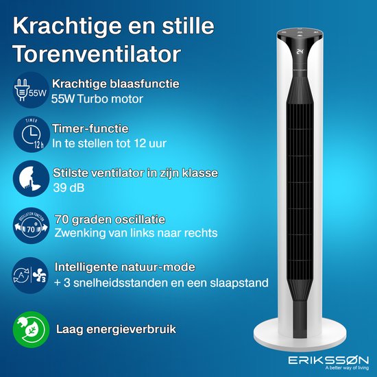 Erikssøn Ventilateur de tour - Silent Comfort Series - Ventilateur de sol avec télécommande - Minuterie - 55W - 39 dB - 106cm - Blanc