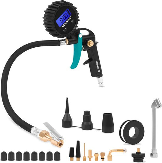 VONROC PRO Pompe à pneu - Pompe à vélo - 3 en 1 : pomper, mesurer la pression et purger - Manomètre digital - Convient aux compresseurs et à l'air comprimé - 10 bar - Jeu de tête universel EURO/DIN 7,2mm - Accessoires inclus.