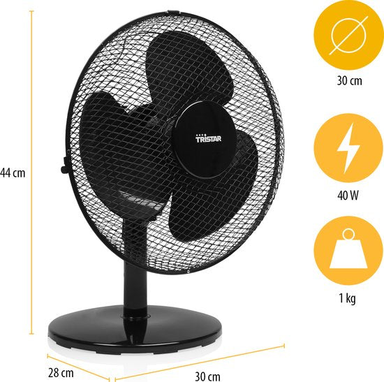 Ventilateur de table 30 cm - 3 vitesses - Oscillation 85° - Débit d'air réglable - Tristar VE-5725 - Noir
