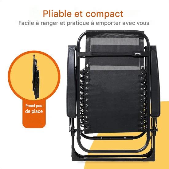 Chaise longue pliante Goliving - 3 pieds - 110 x 66 x 178 cm - Chaise de jardin réglable avec table - Chaise de camping pliante - Chaise longue d'extérieur - Chaise pliante de jardin - Noir