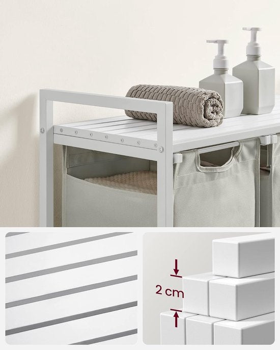 VASAGLE - Panier à linge, panier à linge sale, avec 3 compartiments et 3 poches amovibles en tissu Oxford, plan de travail, cadre métallique - 3 x 38 litres, 92,5 x 33 x 72 cm, blanc BLH301W01