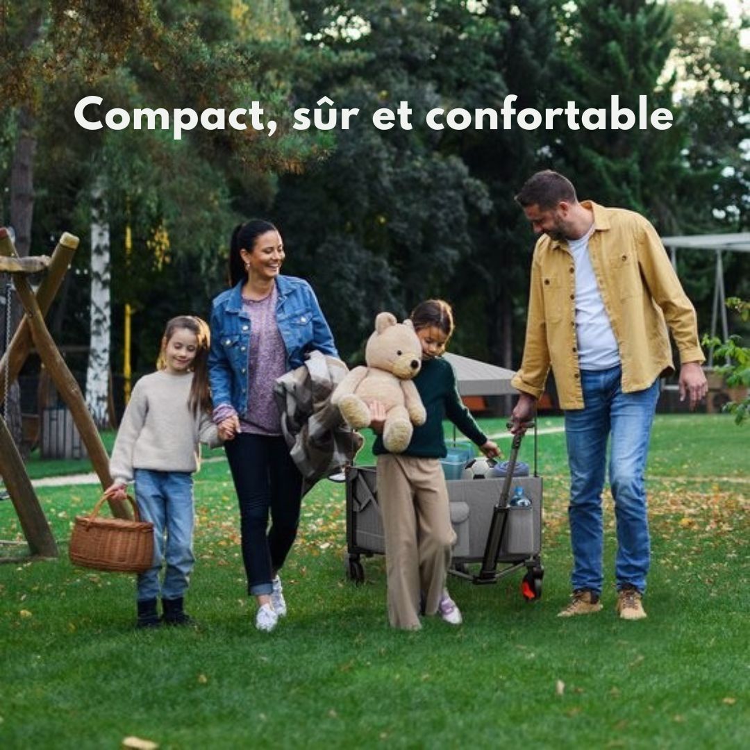 Chariot LifeGoods - pliable - transport d'enfants - avec toit - capacité de charge de 80 kg - chariot de plage - roues pivotantes - gris