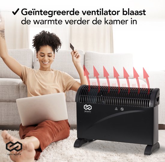 Infinity Goods Radiateur électrique - Fonction Turbo et ventilateur - 750 / 1500 / 2000W - Thermostat réglable - Radiateur - Protection contre la surchauffe - 35m² - Noir