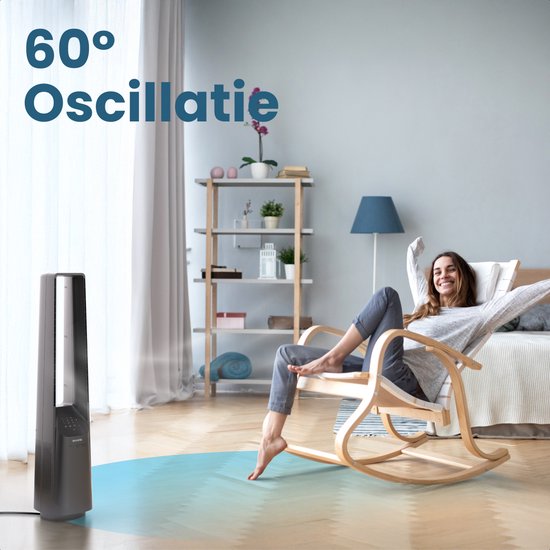 Ventilateur de tour Auronic - Modèle sans pales - Refroidisseur d'air - Ventilateur de sol - Ventilateur silencieux sur pied - 101 CM - 6 vitesses - Ventilateur - Avec minuterie - 39 dB - Gris clair