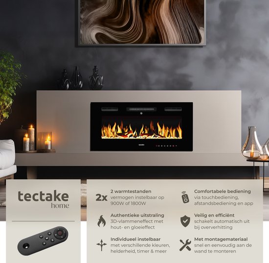 tectake® Wall Fireplace - Cheminée électrique - Atmosphere Fireplace - 91,5 x 12 x 43 cm - 900W & 1800W - contrôlé par télécommande ou application - avec thermostat - poêle - avec chauffage - cheminées - effets de bois et de lueur - flammes 3D - minuteur