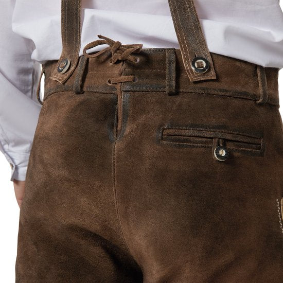 Dressforfun Authentique Lederhosen Jonathan court - Avec ceinture et bretelles - Cuir véritable - Marron - 50 - Oktoberfest Dress Man - Costume d'homme - Dress Up - Costume allemand - Costume de carnaval - Gilet de costume - Pantalon traditionnel en cui