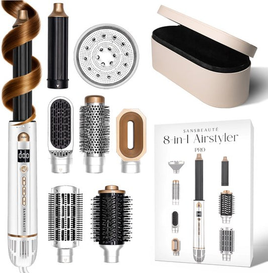 Sansbeauté® 8-in-1 Airstyler avec diffuseur et boîte de rangement - Multistyler - Brosse pour sèche-cheveux cheveux courts - Brosse pour sèche-cheveux - Sèche-cheveux - Brosse chauffante - Brosse à boucler - Fer à boucler - Brosse de coiffage - Câble rota
