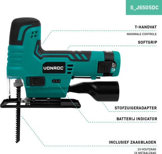 VONROC Accu Jigsaw 12V - Batterie, câble usb-c et lames de scie inclus