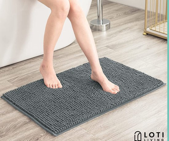 Loti Living Tapis de bain avec tapis de toilette antidérapant - Tapis de douche - Tapis de salle de bain - Tapis de sol - Tapis de bain avec tapis de toilette - Tapis de bain antidérapant - Chenille - Anthracite - 50x80 cm + 50x40 cm