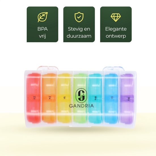 Pilulier Gandria 7 jours - Pilulier amovible - Boîte à pharmacie avec 14 compartiments - Boîte à pharmacie avec fermeture solide - 2 compartiments par jour - 7 couleurs