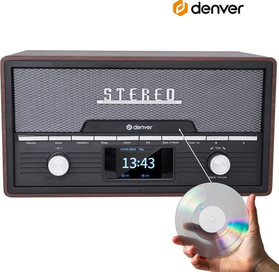 Denver Radio DAB Lecteur CD - Radio rétro - Bluetooth - DAB+/ FM - CD - MDA525 - Darkwood