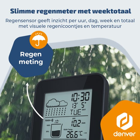 Station météo Denver - Intérieur et extérieur - Hygromètre - Pluviomètre - Température - Prévisions météorologiques - Radiocommande - Capteur extérieur sans fil - WSR560