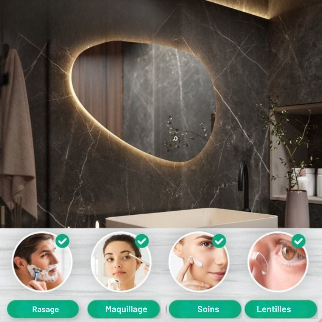 Mirlux Miroir de salle de bain avec éclairage LED - Miroir mural asymétrique - Forme organique - Miroir de douche anti-condensation - Miroir mural 90x60CM