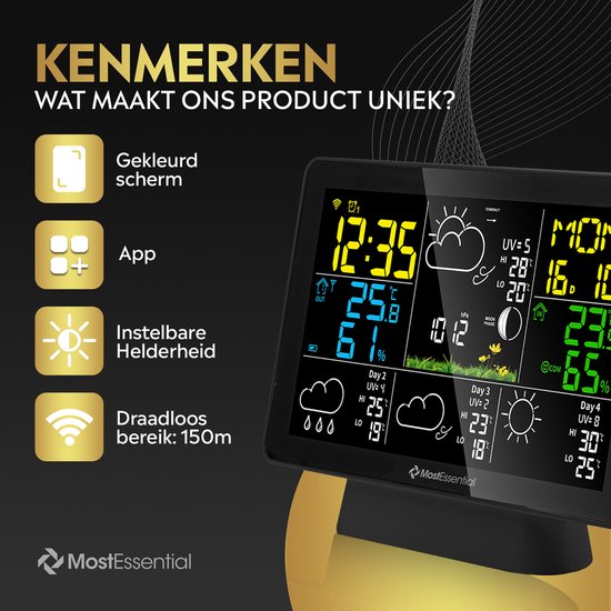 MostEssential Station Météo Wifi Edition - Station météo sans fil avec capteur extérieur - Hygromètre - Intérieur et extérieur - Portée de 150 mètres - Application incluse - Noir - 1 capteur