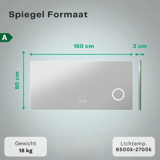 Mirlux Miroir de salle de bain avec éclairage LED et chauffage - Miroir mural rectangulaire - Miroir de douche anti-condensation - 160x80CM