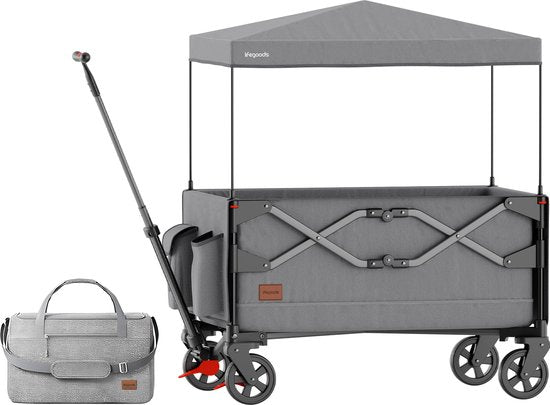 Chariot LifeGoods - pliable - transport d'enfants - avec toit - capacité de charge de 80 kg - chariot de plage - roues pivotantes - gris