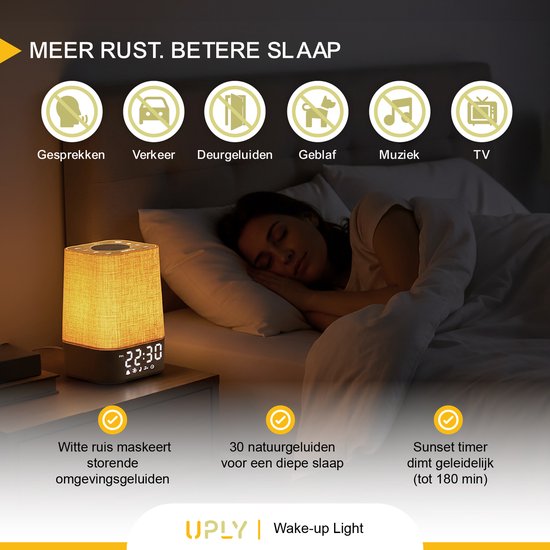 UPLY Lumière d'éveil - Avec prise de charge USB - Avec 30 sons - Réveil avec lumière - Bruit blanc - Réveil numérique