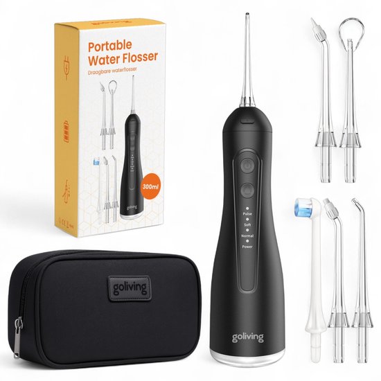 Fil dentaire Goliving - 5 accessoires - 4 supports - sac de voyage inclus - bain de bouche 300 ml - Fil dentaire électrique - sans fil et rechargeable par USB - noir