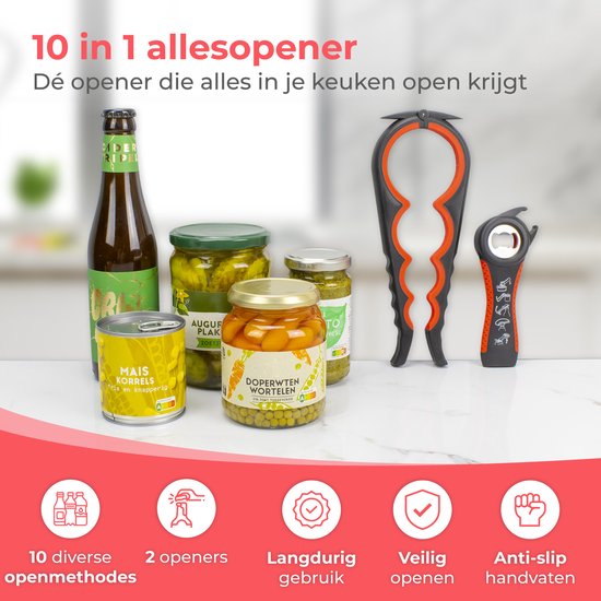 Nuvance Ouvre-boîte - 10 en 1 - Ouvre-bouteille - Ouvre-bocal - Ouvre-bière - Aide culinaire - Ouvre-boîte - Rouge