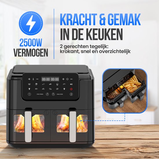 Strex Airfryer XXL - 10L - 2500W - Friteuse à air chaud - Double Airfryer - 50ºC à 200ºC - 10 programmes de cuisson - Noir