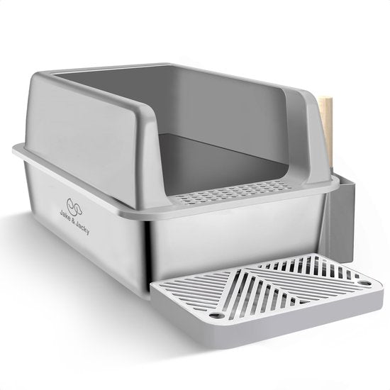 Bac à litière en acier inoxydable Jake et Jacky - Toilette pour chat en acier inoxydable - bac à litière ouvert - avec pelle à litière avec support et marche de ramassage des gravillons - 60x40x30cm