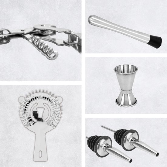 KitchenBrothers Set Cocktail - 25 pièces - Set de luxe - Shaker à cocktail (750ml) - Dark Brown/Bamboo - Avec livret de recettes - Emballage cadeau