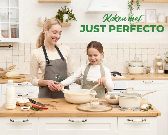 Just Perfecto 15 Piece Induction Cookware Set - Beige Cookware Set With Lid For Gas and Induction - PFAS free - Cold grips