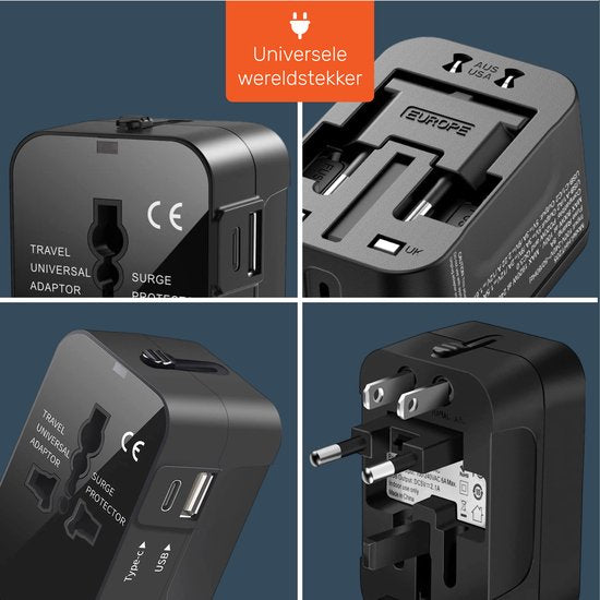 Universal World Plug 150+ Countries - International - Conversion - Travel plug - Adaptateur - Pour l'Amérique, l'Amérique du Sud, l'Angleterre (UK), l'Asie, l'Europe, l'Afrique, l'Italie, la Thaïlande, Curaçao - 2x USB-C et 2x USB-A - Type G, Léger - Skoo