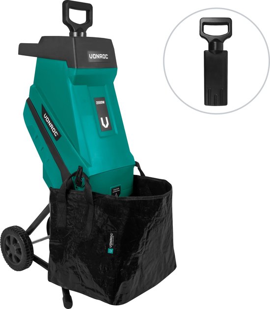 VONROC Déchiqueteuse/Broyeuse 2500W - Pour les branches jusqu'à Ø45mm - Sac de ramassage 45L et bâton de poussée inclus