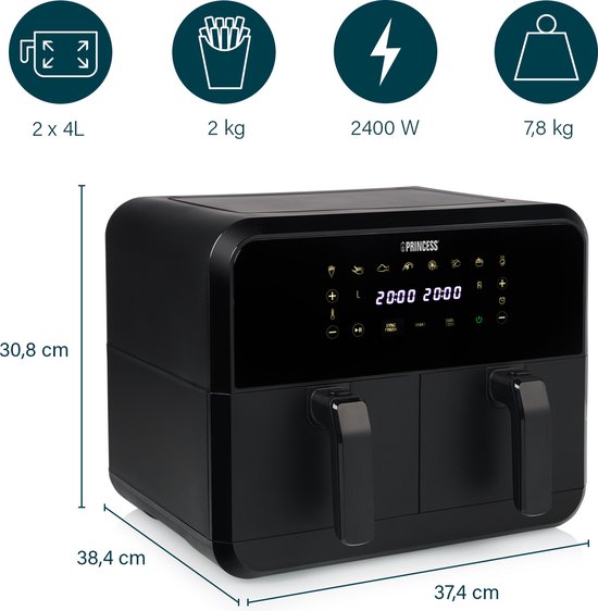 Princess Double Panier Airfryer 182068 - Friteuse à air double - 2 paniers x 4 litres - 8 programmes préprogrammés - Écran tactile - Noir