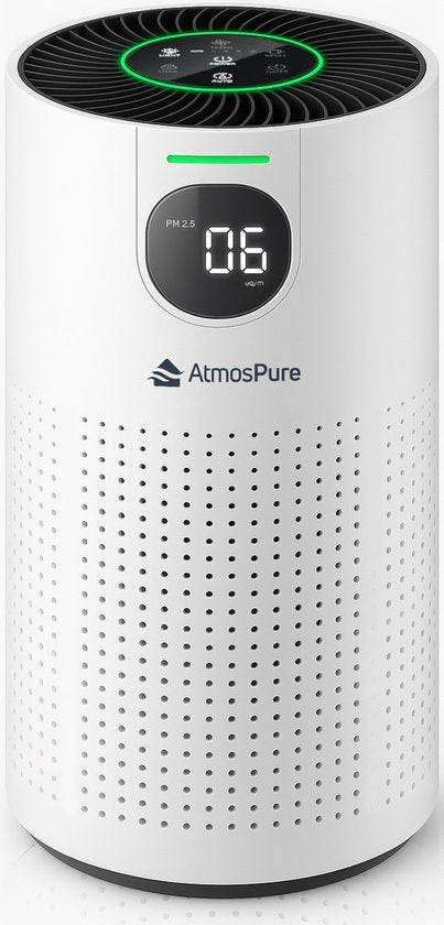 AtmosPure® CleanAir Air Purifier - Purificateur d'air avec filtre HEPA 13 + filtre à charbon remplaçable - CADR 250 m³/h - Blanc - Pour 97 m² - Lutte contre les acariens, le rhume des foins, les allergies, -3 modes + mode sommeil silencieux - Capteur de q