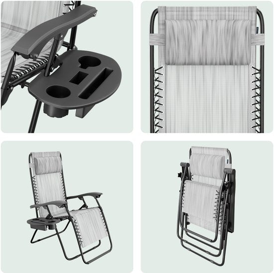 LifeGoods Fauteuil de jardin pliable - Chaise longue de jardin - 30°-90° réglable - Métal - Gris clair