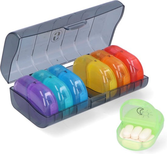 Pilulier Gandria 7 jours - Pilulier amovible - Boîte à pharmacie avec 14 compartiments - Boîte à pharmacie avec fermeture solide - 2 compartiments par jour - 7 couleurs