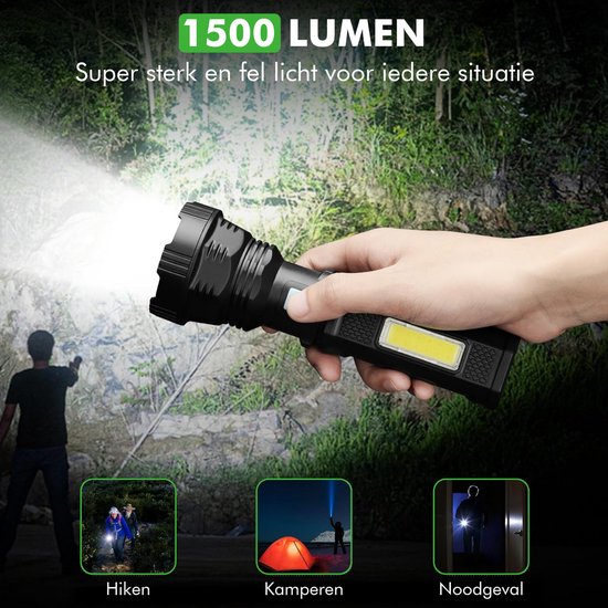 Travelhawk Flashlight - Lampe de poche Led - Lampe de poche militaire - Lampe de poche à batterie - 1000 Lumens - Panneau solaire - Étanche - Noir