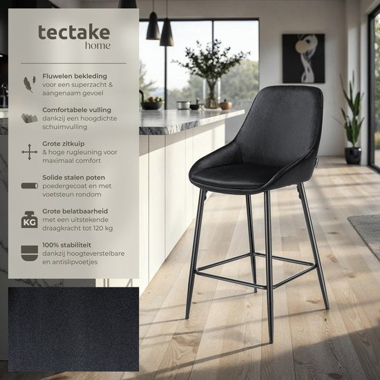tectake® - Lot de 2 tabourets de bar Siera - Tabouret de bar rembourré avec dossier - Tabouret de bar avec repose-pieds - Chaise de salle à manger avec revêtement en velours et rembourrage en mousse souple - Pieds en acier robuste avec protection antidéra