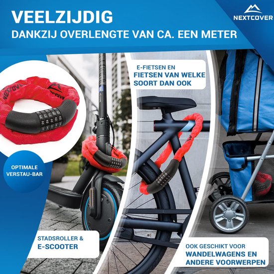 NEXTCOVER® Digit Lock Cadenas pour vélo - L'original - [SAFESECURE] Haute sécurité - Cadenas pour vélo avec code à 5 chiffres, cadenas pour vélo en acier - Cadenas pour vélo parfait pour e-bike - Cadenas pour chaîne Rouge
