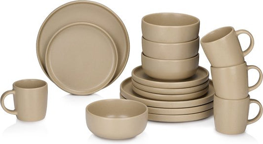 Service de vaisselle alpina 16 pièces - Ensemble d'assiettes 4 personnes - Vaisselle en faïence - Assiettes à déjeuner, assiettes à dîner, bols et tasses - Résiste au micro-ondes et au lave-vaisselle - Sable