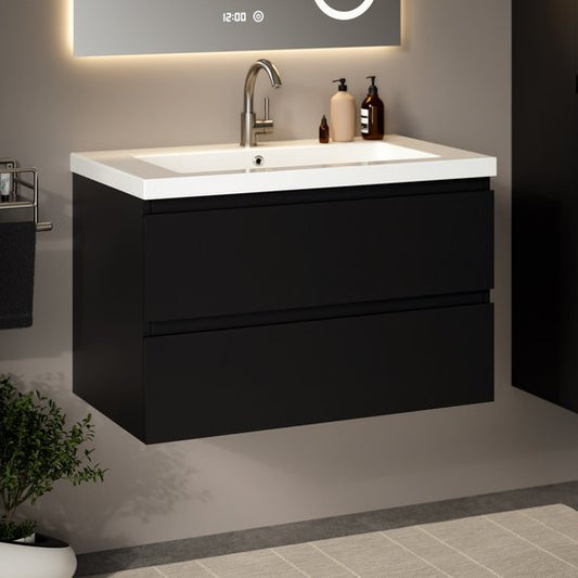 Mirlux Tapis de salle de bains Noir 80 cm - Lavabo Blanc - Meubles de salle de bains - Tapis de salle de bains Noir