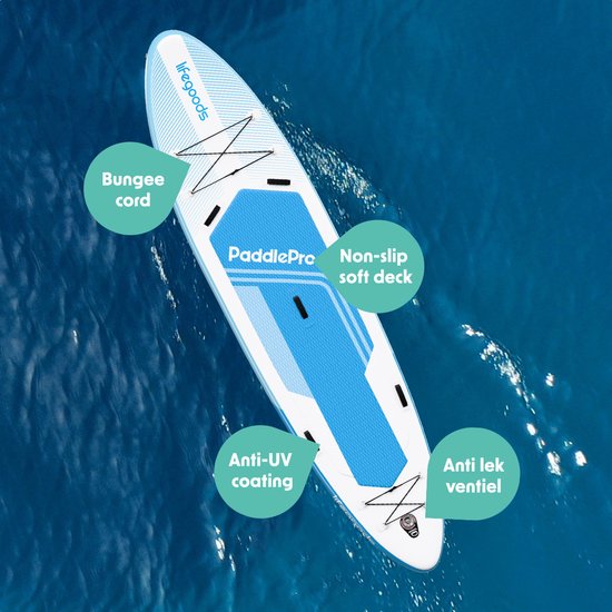 LifeGoods SUP Board Tandem - 2 personnes - 220 KG de capacité de charge - 381 x 86 cm - Gonflable - Pack Sup complet - Bleu ciel